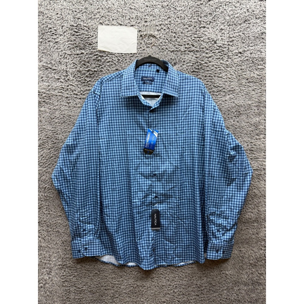 NWD Nautica Performance Slim Fit Long Sleeve Super Shirt Blue Navy Check Size XL